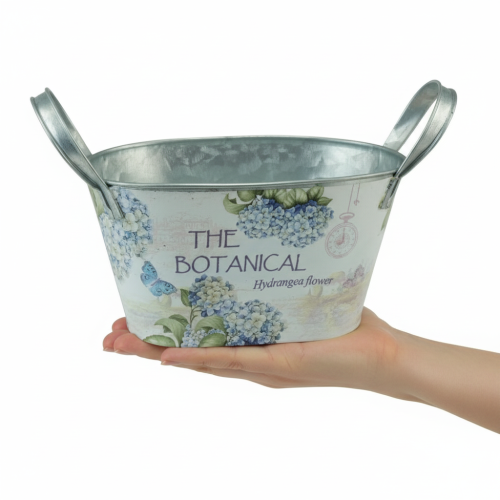 Produkt Misa na kwiaty z uchwytami, wzór hortensji, metal, 26×13×14,5 cm