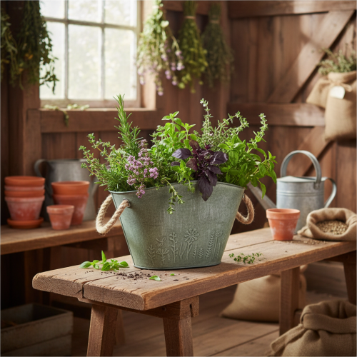 Produkt Doniczka z uchwytami, woreczek, metal, juta, 24,5×17×15,5 cm