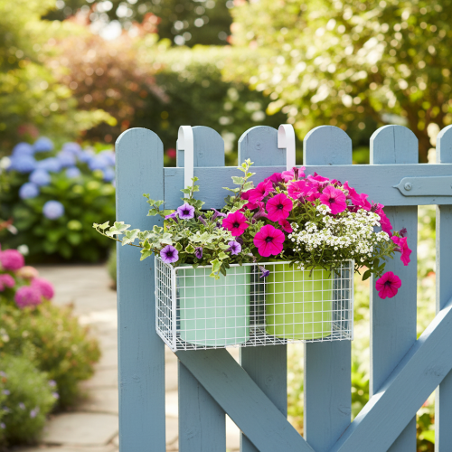 Produkt Doniczka metalowa wisząca, zielona, dekoracja balkonu, dł. 22 cm, wys. 23,5 cm