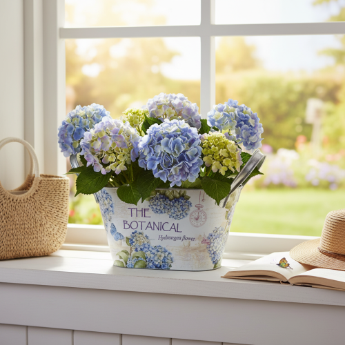 Produkt Misa na kwiaty z uchwytami, wzór hortensji, metal, 26×13×14,5 cm