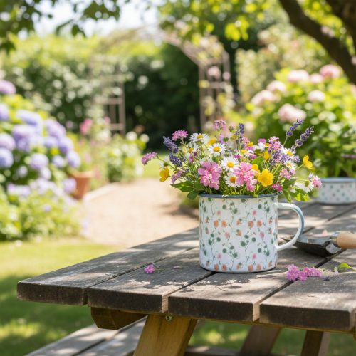 Produkt Doniczka emaliowana, ozdobny kubek z motywem kwiatowym, Ø11 cm