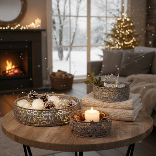 Produkt Dekoracyjna metalowa miska, wzór szaro-biały, Ø16/19,5/23,5 cm, zestaw 3 sztuk