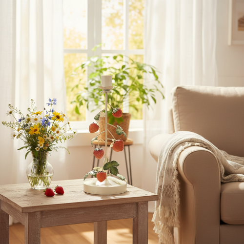 Produkt Metalowy świecznik stożkowy z dekoracją truskawkową, kremowy, okrągły, wys. 26 cm