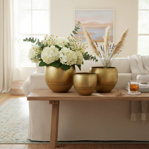 Produkt Wazony dekoracyjne, metalowe, imitacja mosiądzu, Ø18/15/12,5 cm, zestaw 3 szt.