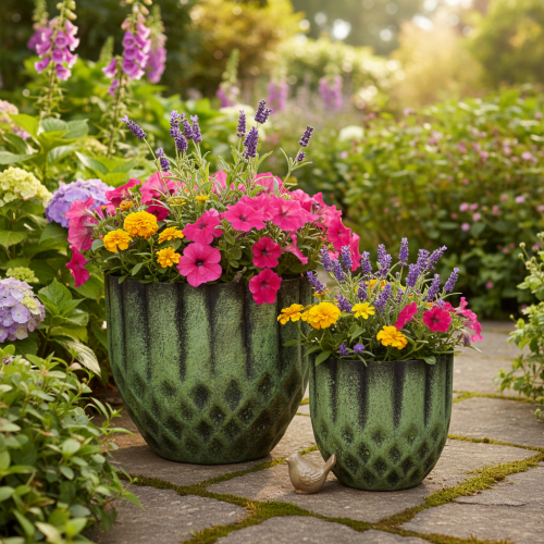 Produkt Doniczka metalowa w stylu vintage, zielona, Ø14/12cm, zestaw 2 szt.