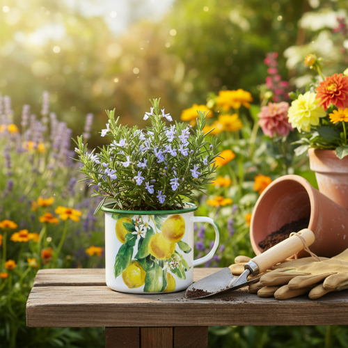 Produkt Doniczka emaliowana, dekoracyjna z gałązką cytryny, styl śródziemnomorski, Ø9,5 cm, wys. 10 cm