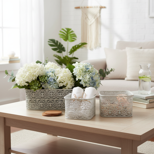 Produkt Metalowe miski z koronkowym wzorem, pojemnik dekoracyjny, kwadratowy, styl shabby chic, biały, 27/23/19 cm, wys. 13,5 cm, zestaw 3 szt.