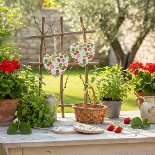 Produkt Dekoracyjne serce z motywem truskawki – Letnia drewniana zawieszka do wystroju w stylu rustykalnym, 10 cm x 10 cm, 4 sztuki