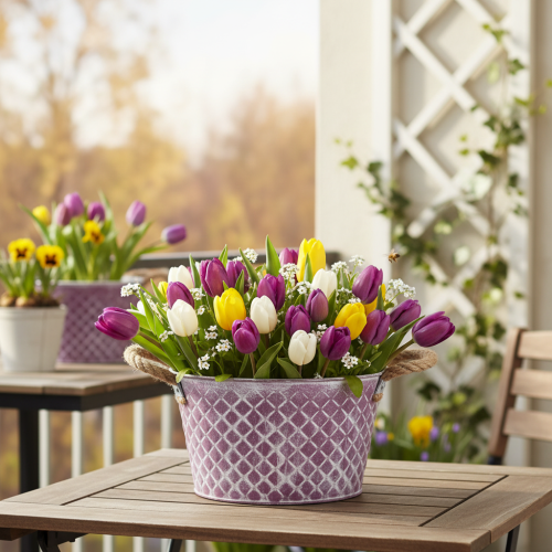 Miska cynkowa, w kształcie rombu z uchwytami z liny, fioletowo-biała, Ø24,5 cm, wys. 14 cm | Floristik24.pl