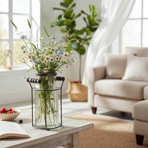 Produkt Szklana butelka w metalowym koszyku, idealna jako element dekoracyjny w salonie, 20 cm