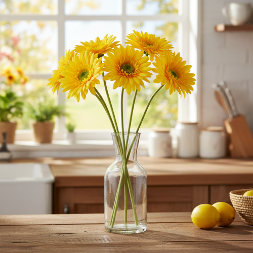 Sztuczne kwiaty gerbery, słoneczna żółć, kwiat ogrodowy, 47 cm, 6 sztuk | Floristik24.pl