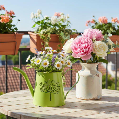 Dekoracyjna metalowa konewka, wzór dmuchawca, zielona, wys. 12 cm, 2 sztuki, wazon dekoracyjny, styl shabby chic | Floristik24.pl