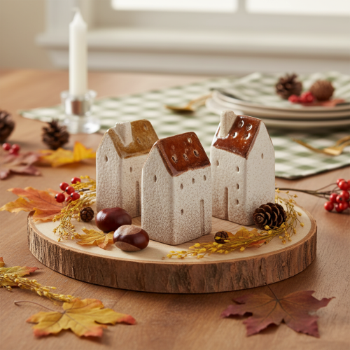 Zestaw dekoracyjnych ceramicznych domków w miniaturze, dekoracja stołu, 9 cm, 3 sztuki | Floristik24.pl