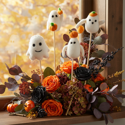 Produkt Figurki duchów na drewnianych patyczkach, dekoracja na Halloween, 54 cm, 8 sztuk