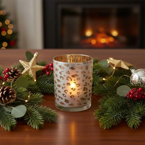 Produkt Szklany świecznik typu tealight z nadrukiem w panterkę, 12 cm