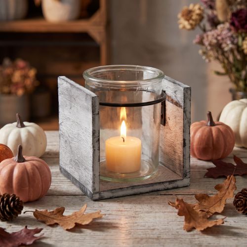 Szklany świecznik typu tealight w rustykalnej drewnianej ramie – szaro-biały, 10x9x10cm – Urocza dekoracja stołu | Floristik24.pl