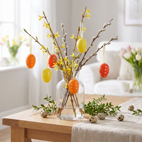 Mini pisanka do zawieszenia w kropki żółty, czerwony, pomarańczowy wys. 4cm 24 szt | Floristik24.pl