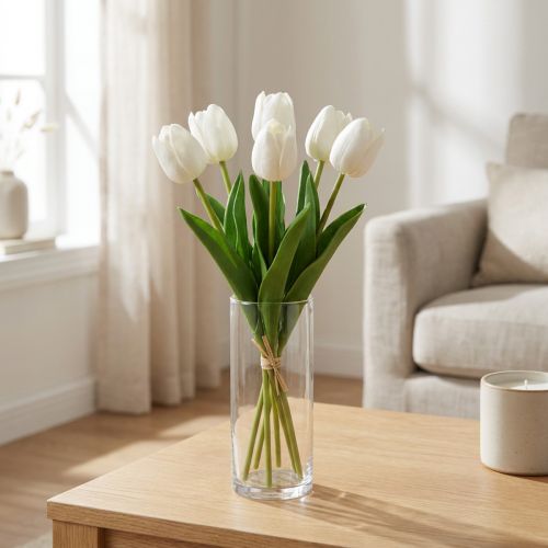 Białe Tulipany Dekoracja Sztuczne Kwiaty Real Touch Wiosna 49cm 5 szt | Floristik24.pl