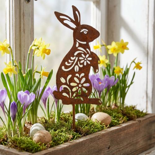 Garden Stake Rust Bunny Flower Pattern Dekoracja ogrodowa Wielkanoc 9×15cm | Floristik24.pl