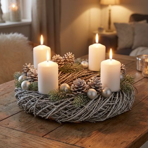 Wieniec sosnowy, wianek naturalny, wianek dekoracyjny shabby chic, Ø40cm, dekoracja zimowa, wianek na stół, wieniec adwentowy | Floristik24.pl