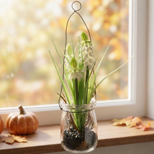Hiacynt winogronowy biały w szklance do zawieszenia wys. 22cm | Floristik24.pl