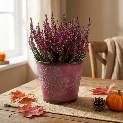 Doniczka z dekoracją w liście, ozdoba jesienna, donica metalowa czerwona wino Ø16,5 cm W14,5 cm | Floristik24.pl