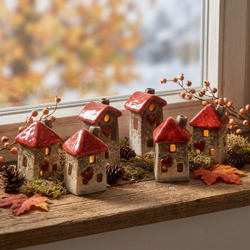 Domek ceramiczny z czerwonym oknem dachowym i sercem - 6 cm - Idylliczna dekoracja do domu i ogrodu - 6 szt | Floristik24.pl
