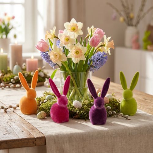 Małe siedzące króliczki wielkanocne, kolorowo zdobione, 13 cm, 8 sztuk | Floristik24.pl