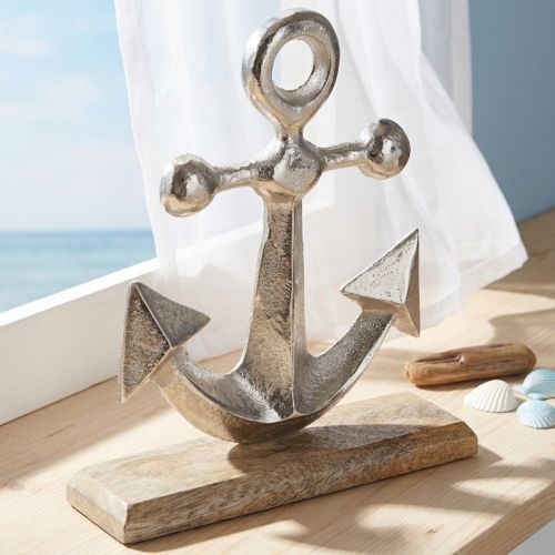 Dekoracja Kotwica Metalowa na Drewnianej Podstawie Srebrny Naturalny H21cm | Floristik24.pl