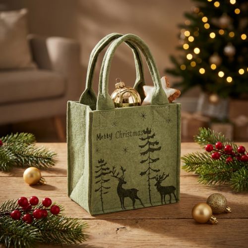 Torebka filcowa Merry Christmas mała z uchwytami Zielona 15×10cm | Floristik24.pl