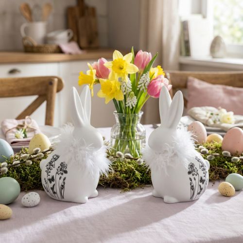Ceramiczny Króliczek Biały Siedzący Kwiaty Pióra 9×7×14cm 2szt | Floristik24.pl