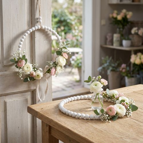 Pierścionek drewniany dekoracyjny Shabby Chic biały Ø19cm, ślubny, wiosenny, dekoracja na drzwi, zestaw 4 szt. | Floristik24.pl