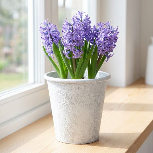 Doniczka z ozdobami, pojemnik metalowy, biały, Ø15,5 cm, wys.14,5 cm | Floristik24.pl