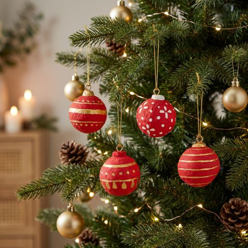 Czerwone wiszące bombki choinkowe z papier-mâché o średnicy 5,5 cm, zestaw 4 sztuk | Floristik24.pl