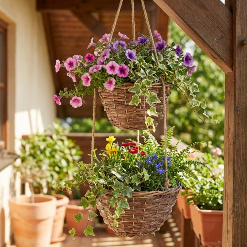 Kosz wiszący na kwiaty 2 koszyki drewno naturalne Ø20cm/26cm | Floristik24.pl