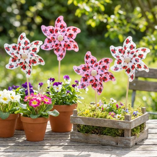 Produkt Mini wiatraczek biedronka dekoracja biały liliowy Ø8cm 12 szt