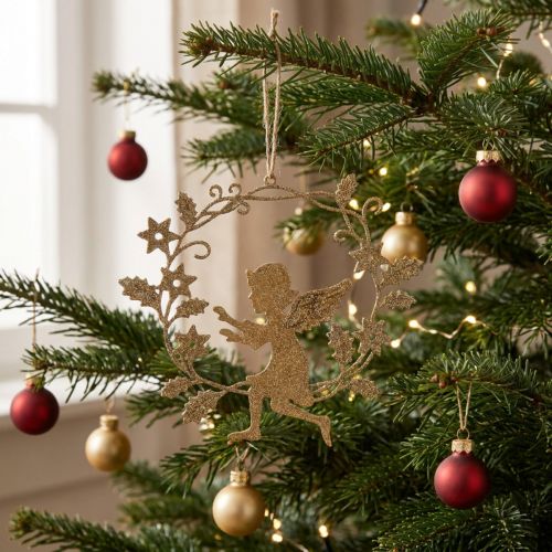 Anioł Wianek, Dekoracja świąteczna, Wiszący Anioł, Metalowa zawieszka Złota H14cm W15,5 | Floristik24.pl