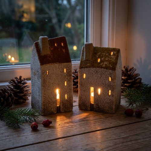 Produkt Ceramiczna dekoracja domu z kominem, domek z podgrzewaczy, jesień i zima, 13 cm, 2 sztuki