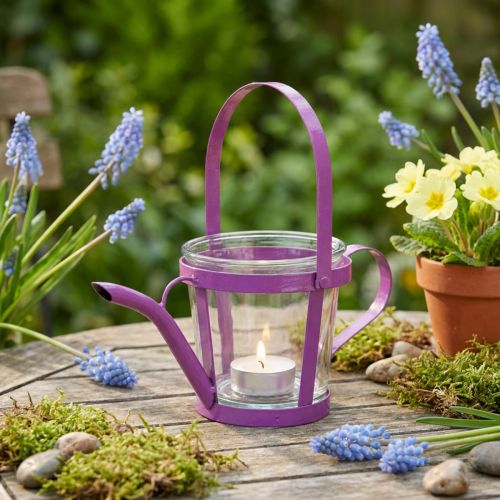 Szklana dekoracyjna konewka z latarnią, metalowa różowa Ø14cm W13cm | Floristik24.pl