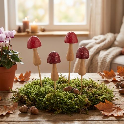 Patyczki do kwiatów, wzór grzybek, drewniane, czerwone, Ø2,5 cm, 8 sztuk | Floristik24.pl
