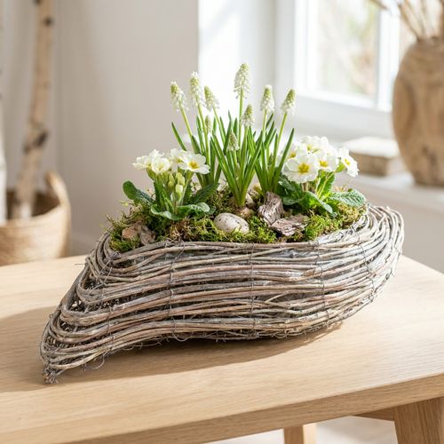Roślinna łódka z rattanu w kształcie fali, naturalna biel, 45x16cm | Floristik24.pl