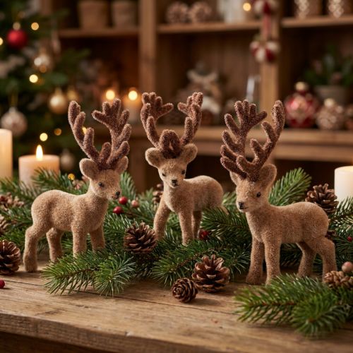 Deco jeleń mini brązowy flokowany 11cm 6 szt | Floristik24.pl
