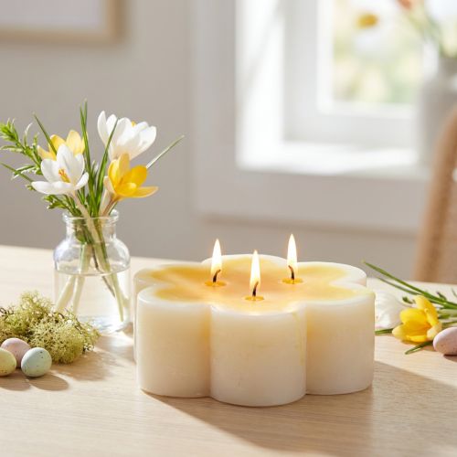 Świeca trójknotowa dekoracyjna świeca kwiatowa żółta biała Ø11,5cm W4cm | Floristik24.pl