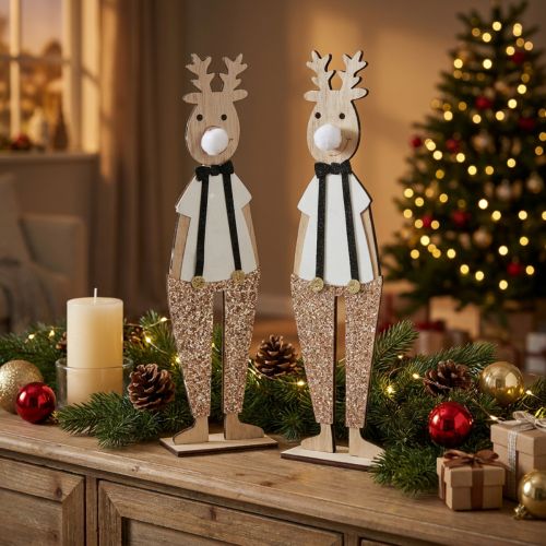 Drewniana figura dekoracyjna Renifer Świąteczny do postawienia 12×6,5cm W45cm 2szt | Floristik24.pl