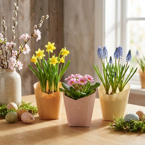 Papier doniczkowy tkany waniliowy, pomarańczowy, różowy Ø7cm W13cm 12 szt | Floristik24.pl