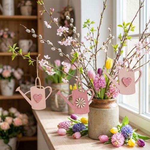 Dekoracja wisząca drewniana konewka deco różowy wieszak deco 14x12cm 6szt | Floristik24.pl