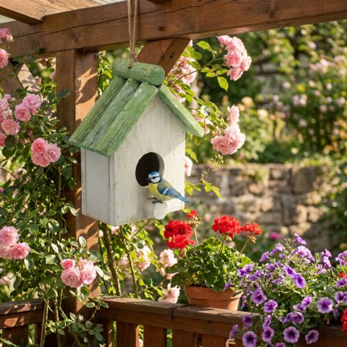Wisząca dekoracja domek dla ptaków drewno zielony biały 14,5×7,5×17,5cm | Floristik24.pl