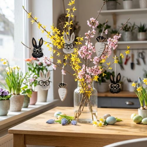 Drewniana zawieszka królik z okularami brokat marchewka 4×7,5cm 9szt | Floristik24.pl