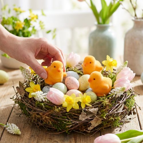 Małe pisanki wielkanocne, żółte i pomarańczowe, z flokiem, wysokość 4,5 cm, 18 sztuk | Floristik24.pl