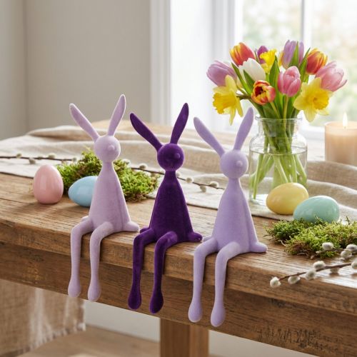 Króliczek wielkanocny na półkę, liliowy, flokowany, 36cm, 3 szt. | Floristik24.pl